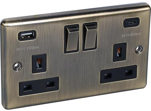 W67AB - 2 GANG SOCKET TYPE A&C USB - ANTIQUE BRASS
