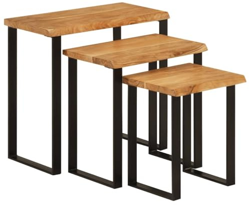 LoogCape Nesting Tables with Tree Edge, Set of 3, Made of Solid Acacia Wood, Powder-Coated Steel Legs, 60 x 33 x 58 cm, Side Table Set for Living Room, Hallway, Bedroom, Hallway