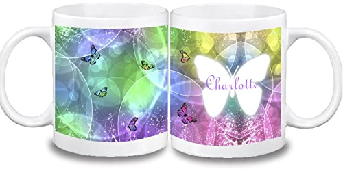 Kinder Tasse personalisiert mit Name, Schmetterling | Farbwahl Tasse, Schriftwahl für Name, Keramik oder Kunststoff