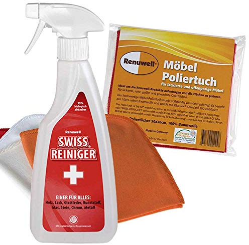 Renuwell Swiss Reiniger 500 ml + Möbel Poliertuch 4 Stück Spar-Set