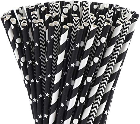 ALINK Biodegradable Black Paper Straws, 100 Stars/Dots/Stripes/Waves Drinking Straws for Halloween, Birthday, Wedding, Bridal/Baby Shower and Christmas Decorations
