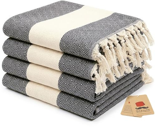 Bazaar Anatolia Gästehandtücher 4er Set Handtücher Badetuch 100% Baumwolle 95 x 45 cm Rechteckig Hamamtuch Handtuch Saunahandtuch Orientalische Deko Boho Badetuch Diamant (Schwarz)