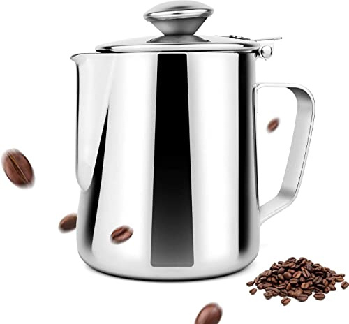 ohcoolstule Lattiera, Lattiera in Acciaio Inox 304 con Coperchio, Lattiera Montalatte per Fare Cappuccino al caffè(600ml)