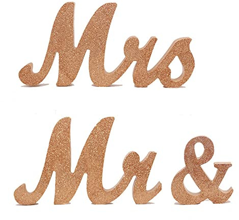 Duories Mr & Mrs Buchstaben aus Holz,Aufsteller Holz Mr & Mrs Zeichen Buchstaben Schriftzug Buchstabenschmücken für Hochzeitsdekorationen Hochzeitsfotos Tischdeko Geschenk-Dekor,Höhe 15cm,Champagner