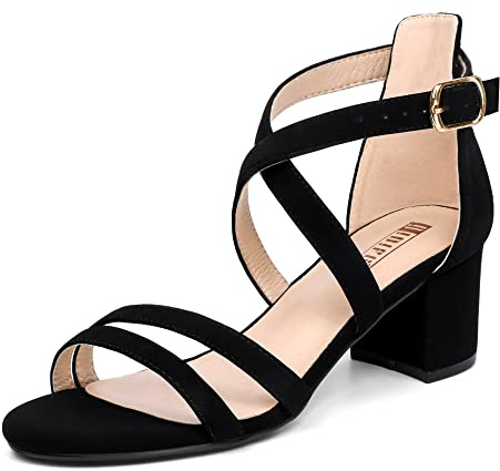 IDIFU Women's Block Low Chunky Heel Strappy Sandals Open Toe Ankle Strap Dress Wedding Evening Shoe for Women Bridal (Black Nubuck, 8 M US)
