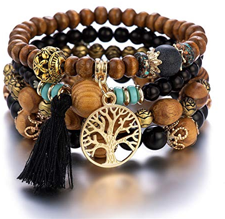 Yean Boho Armbänder 4 Stück Holzperlen Damen Armband Quaste Baum des Lebens Charm Statement Armreifen (schwarz)