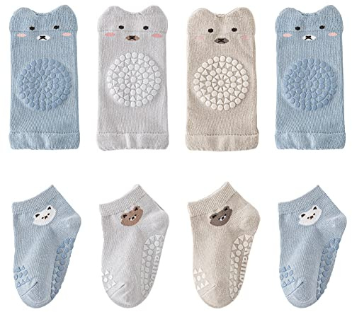 FedMois Baby Kleinkinder ABS rutschfeste Socken + Knieschoner für Krabbelbabys Baumwolle 8er Pack, Baby Jungen, 1-3 Jahre