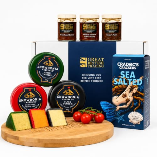 Great British Trading - Snowdonia Cheese Gift Hamper with 3x Cheese Truckles, Sea Salted Cradocs Crackers and 3x GBT Chutney Jars. British Gifts Ideal for Any Occasion
