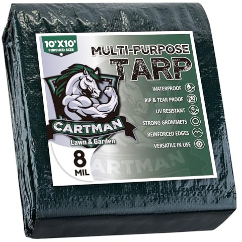 CARTMAN Finished Size 10x10 Feet Waterproof Green Tarp 8 Mil Thick, Multipurpose Protective Cover for Emergency Rain Shelter Camping Tarpaulin