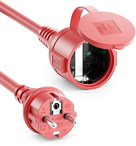 deleyCON 2m Outdoor Verlängerungskabel Stromkabel IP44 (H07RN-F 3G1.5mm²) Strom Verlängerung Witterungsbeständiges Gummi-Kabel für Außenbereich - Schutzkontakt Stecker auf Buchse - Rot
