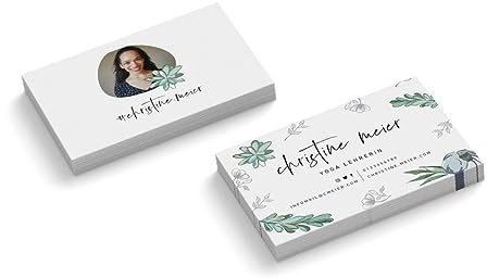 Visitenkarten mit Foto direkt personalisieren | Yoga Lehrerin | Instructor | 2-seitig | weiß grün | Querformat | Menge + Papier zur Auswahl | 350 g Qualitätsdruck | Blumen | Studio (500 Stück)