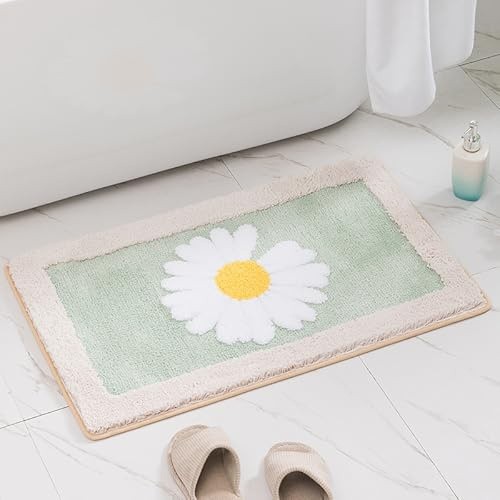 Skybook Non Slip Bath Mat Daisy Soft Microfiber Bathroom Rug Machine Washable Bathroom Mats Bathtub Bedroom(Mint-Green 1 45x65cm)