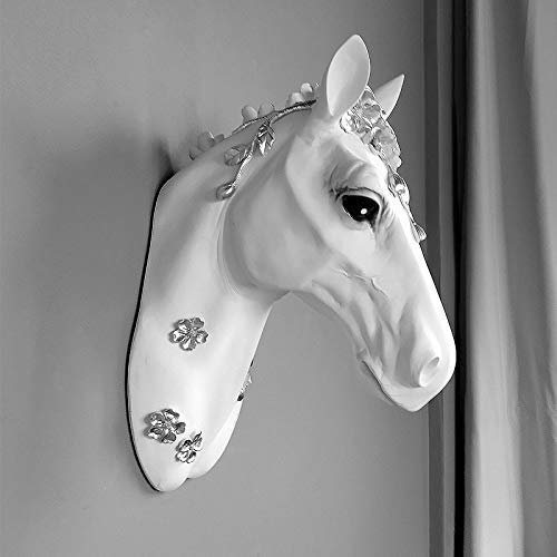 Estatua de Cabeza de Caballo de Resina para Pared, Escultura de Pared de Busto de Caballo con Flor, decoración de Pared de Animales para Colgar en Bar, Sala de Estar, gabinete, Arte, Blanco,