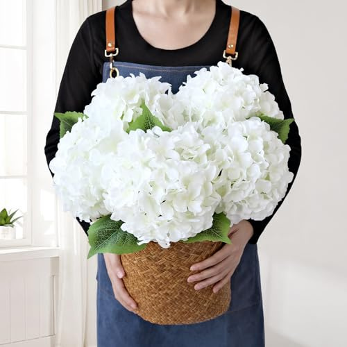 JINWOE White Silk Flowers Hydrangea Artificial Flowers, 5Pcs 20Inch Large Lifelike Faux Flowers, Full Fake Artificial Hydrangeas with Stems for Bouquet Table Centerpieces Home Decoration