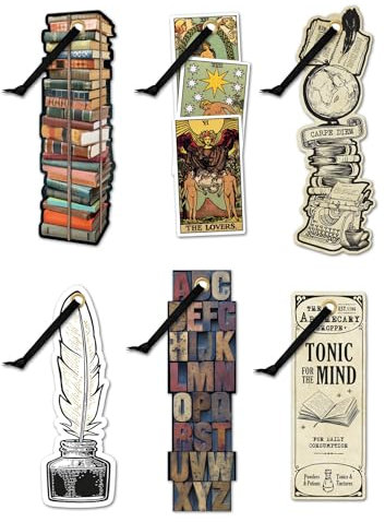 IF Marque-pages par IF Academia Set 2 (6 pièces), 6 titres – 1 pile de livres, 1 tarot, 1 carpe diem, 1 plume et encre, 1 tonique pour l'esprit, 1 presse à lettres