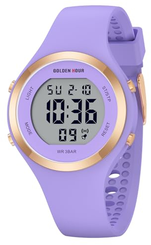 GOLDEN HOUR Reloj Digital Mujer, Resistente al Agua hasta 5 ATM, Deportivo, cronógrafo, Correa de Silicona, Reloj de Pulsera para Mujer con Fecha, Esfera Luminosa de fácil Lectura - Morado