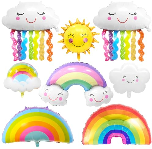 Nuage Aluminium Ballons XXL 8 Pièces Arc-en-ciel, Visage Nuage, Ballon Fleuret Glands Souriants, Géant Ballon de Soleil pour Anniversaire Baby Shower Fête Thème Arc-en-ciel
