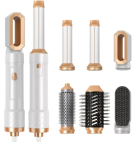 Airstyler 6 in 1 mit Luft-Lockenstab 1000W Ionen Haartrockner Hairstyler Warmluftbürste Rundbürstenföhn Lockenbürste Glättbürste Haarföhn Stylingbürsten Set Geschenken für Frauen, Weiß