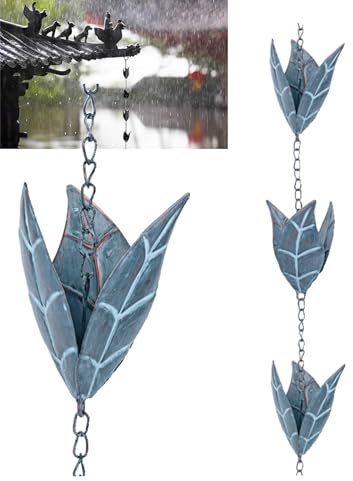 Catena della Pioggia del Metallo 2.6m, Catena Di Drenaggio Della Catena a Forma di Foglia Blu, deviatore per acqua piovana per esterni, Decorazione Giardino e all'aperto per grondaie, Eaves Drainage