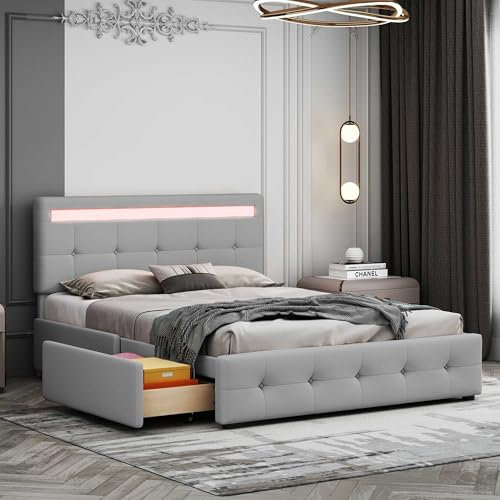 NIUAWASA Polsterbett, Einzelbett 140 x 200 cm mit LED, Lattenrost & Bettkasten Auf Rollen, Kopfteil & 4 Schubladen, Hautfreudliches Leinen-Oberfläche Kinderbett Jugendbett Gästebett Grau-Ohne Matratze