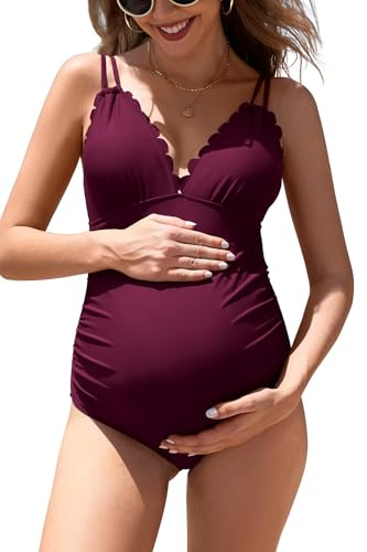 SHEKINI Umstands-Badeanzug, einteilig, gewellt, V-Ausschnitt, gerüscht, Schwangerschafts-Badeanzug, Cutout, Raffhalter, Grau-Violett, XL