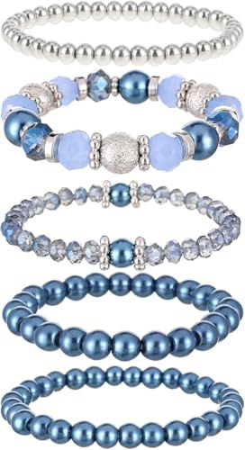 Qianeffort 5PCS Stackable Beaded Bracelets for Women,Blue Bracelet for Girls,Stretch Layering Handmade Bracelets for Women Girls Birthday Gifts