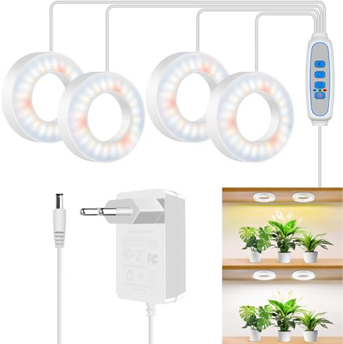 Kullsinss 9 cm LED Pflanzenlampe, 4 Köpfe Vollspektrum für Zimmerpflanzen | 24W 192LEDs Grow Lampe mit Rot, Warm & Kaltweiß, 6/12/16 Std. Auto-Timer, 5 Dimmstufen, Pflanzenlicht für kleine Pflanzen