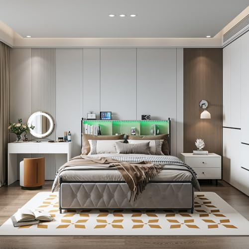 DADEA Sängram med 4 förvaringslådor, LED-säng, 140 x 200 cm, säng med förvaring med USB-kontakt, dubbelsäng med förvaring, enkel montering