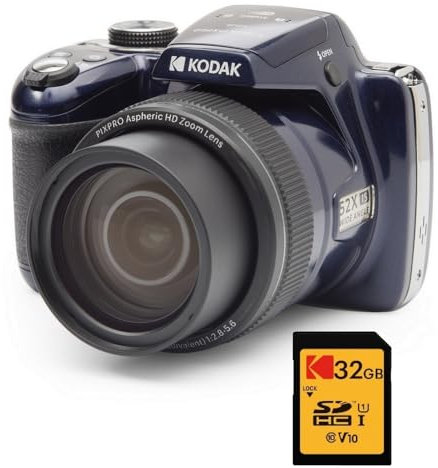 KODAK Pixpro AZ528 + Tarjeta de Memoria SD de 32 GB – Cámara Puente de 16 MP, Zoom 52X, Full HD, 85MB/s Lectura, 25MB/s Escritura – Azul Noche