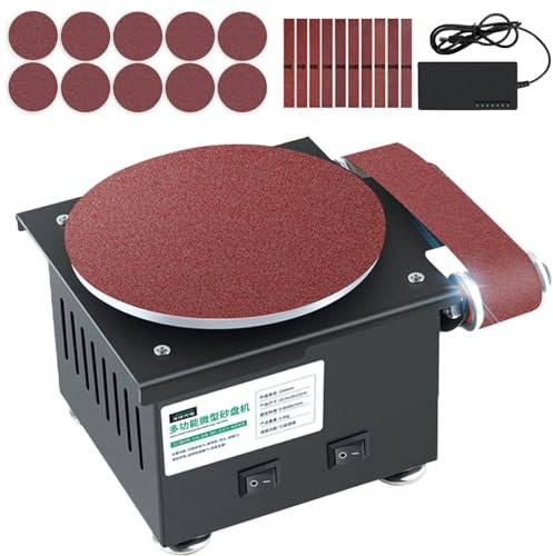 Mini lijadora de Banda, lijadora de Banco con diámetro de Disco de Arena de 150 mm y Velocidad de 0-8000 r/min, Fuente de alimentación Ajustable de 7 velocidades, lijadoras de Banda para Madera