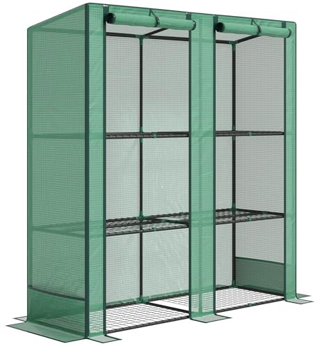 Outsunny Serre de Jardin PE avec étagères 3 Niveaux, Serre de Balcon, bâche renforcée 140 g/m², châssis en Acier, 2 Portes zippées enroulables, pour légumes Plantes Fleurs, 144 x 48 x 152 cm, Vert