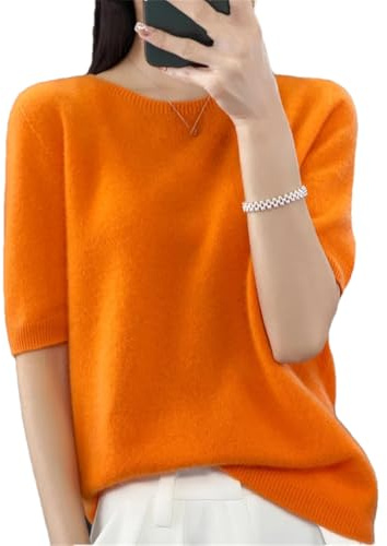 Women's 100% Merino Wool O Neck Knitted T-Shirt Pullover Short Sleeve Basic Solid Color Sweater Orange