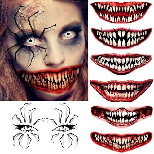 7 Blatt Halloween Spinne Auge Temporäre Tattoos Frauen Damen Herren Erwachsene Kinder, Realistische Clown Gesicht Kunstblut Mund Tattoo Aufkleber, Temp Zombie Vampir Tattoos Halloween Make Up Kit Set