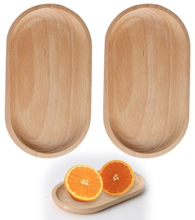 2 Bandejas de madera ovalada de haya maciza, con borde elevado, madera pequeña para postres, aperitivos, pasteles, bandeja decorativa de cocina, bandeja de servir, 18 x 10 x 1,5 cm