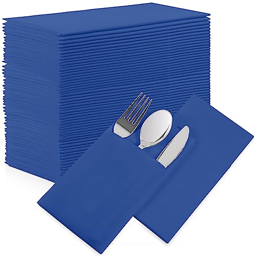50Pcs Linen Feel Napkins, with Built-in Flatware Pocket, for Silverware Valentine Wedding Party Christmas Day (Dark Blue)