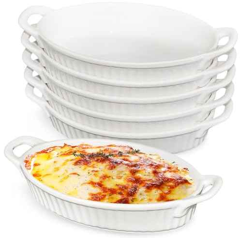 6 Pack Oval Ceramic Baking Dishes, 450 ml Lasagne Dish for Oven | Heat Resistant Small Serving Dishes with Handles for Home & Parties, Lasagne Gratin Tapas Cottage Pie and Roasting, White