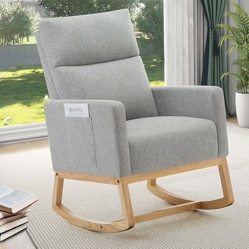 XH. Easy Go Schaukelstuhl fürs Kinderzimmer Schaukelsessel Stillsessel mit Hoher Rückenlehne, Stillstuhl Leinen Schaukelstühle Rocking Chair für Wohnzimmer und Schlafzimmer,Bis 150 kg, Hellgrau