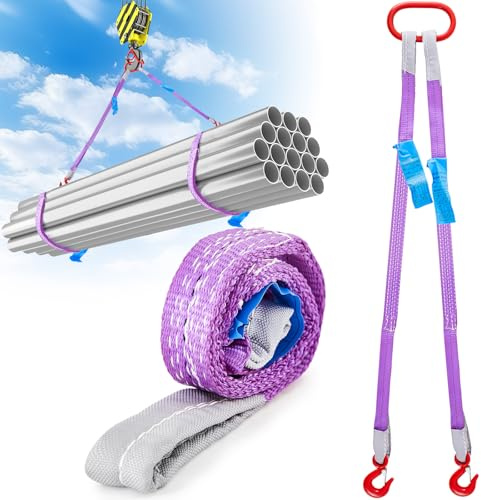 GliCraft 2 Pcs 3.3 FT Heavy Duty Polyester Lifting Rigging Straps Two Leg Bridle Web Sling with Hook & Twist Eye Lift Strap for Hoist Engine Crane Truck Tow Tree Stump 4409 Lbs Load Capacity, Purple