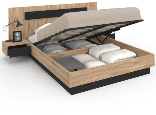 IDMarket - Cama doble con cabecera + mesitas de noche integradas y somier de 140 x 190 cm, madera y negro