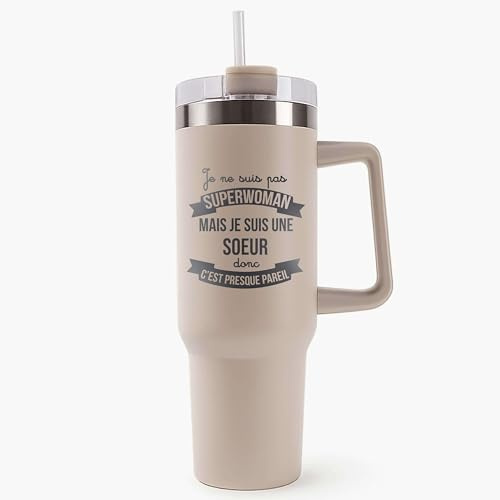 Mug Isotherme 1,2L - Soudeuse Super-héros Femme Beige – Bouteille avec Anse, Paille et Couvercle – Idée Cadeau Gourde Personnalisée