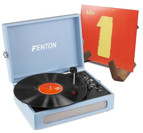 Fenton RP118E Bluetooth Briefcase Vinyl Record Player with Retro Vinyl Record Holder, Retro Record Player with Built-in Stereo Speakers, USB Conversion, 3-Speed Playback, Stylish Pastel Blue Finish