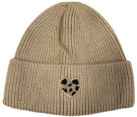 J26 Wintermütze Strickmütze mit Herz Leopard Symbol Winter Hut Mütze Unisex Beanie Viskose (DE/NL/SE/PL, Alphanumerisch, Einheitsgröße, Khaki)