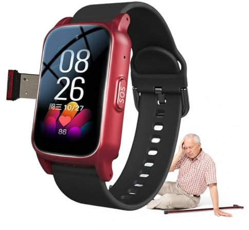 VCYEX Bracelet D'Alarme pour Personnes Âgées, avec Détecteur De Chute, Bouton SOS, GPS, pour Alzheimer Et Démence, Montre Connectée SeniorRed,1.25 * 0.57 * 2.22inch