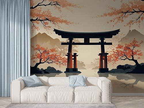 Japanischer Stil Torii Tapete, Berg Fuji Fototapete, Kirschblüte Wandpapier, Vliestapete Selbstklebende Wand Deko, Motivtapeten Schlafzimmer Wohnzimmer, 350x256 cm - F-769