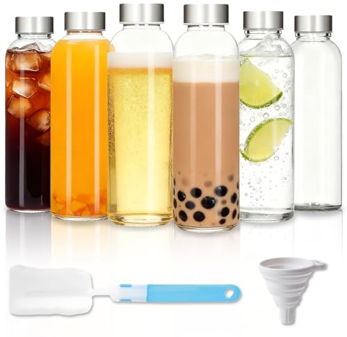 MEETOZ Botellas de agua de vidrio con tapas, paquete de 6 botellas de jugo reutilizables de 500 ml con tapas de metal herméticas a prueba de fugas, botella para tarro de salsa, leche, jugo, trabajo