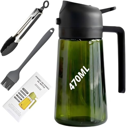 Botella Aceitera de Spray 470ml, Pulverizador Aceite 2x1, Vertedor de Aceite, Dispensador de Vinagre, Vidrio Negro, Pulverizador Ensaladas. Accesorios: Pinzas acero Inox y Cepillo de Reposteria.
