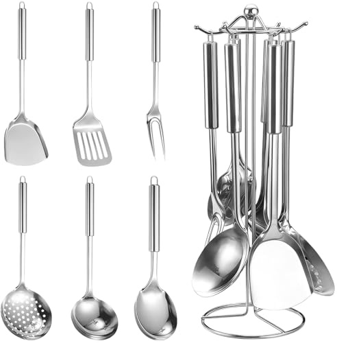 Kezidhp Ustensiles de Cuisine Inox 7 Pièces, Set Accessoire Cuisine avec Support (Louche, Écumoire, Spatule, Pelle à Tarte, Fourchette, Cuillère à Riz), Lavable au Lave-Vaisselle