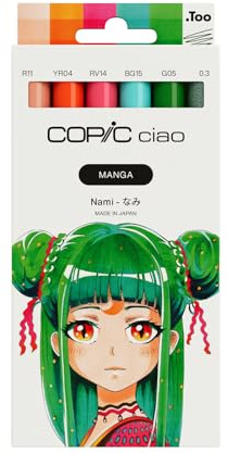 Copic Ciao MANGA Set Nami, Marker Set mit 5 leuchtenden Grün- und Blautönen inkl. 1 Multiliner 0,3 mm in Grün, Twin Marker mit einer mittelbreiten und einer Brush Spitze