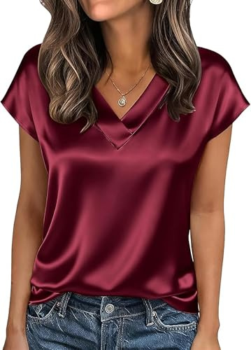 RUISHH Magliette a Maniche Corte in Raso Donna Scollo a V Elegante Camicia Casual Satin Blusa Bordeaux L