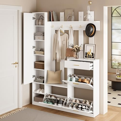 Httcg Garderobe Set Garderobenschrank Höhe 180 cm mit Spiegel und Schuhschrank, Garderobenset Flurgarderoben Set mit Wandgarderobe und Schublade, Kompaktgarderobe Flurmöbel mit Haken, Weiß